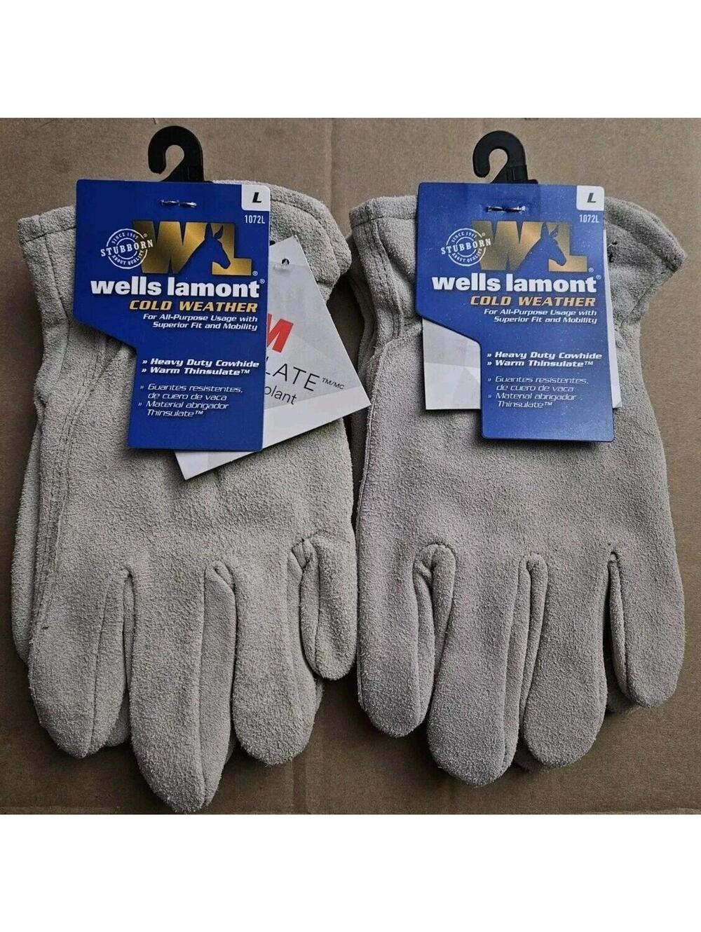 2 Pairs Wells Lamont Cowhide Gloves Heavy Duty Cold Weather Thinsulate New LG